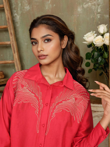 Red Embroidered Viscose Shirt with Collar Neck