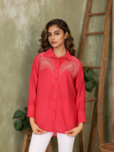 Red Embroidered Viscose Shirt with Collar Neck