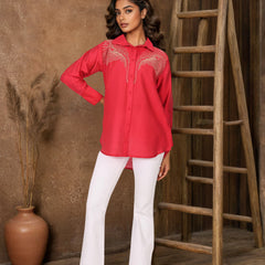 Red Embroidered Viscose Shirt with Collar Neck