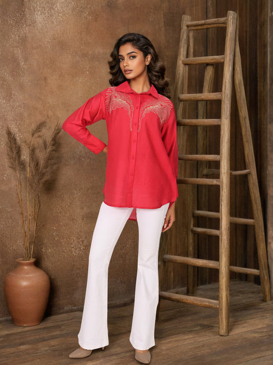 Red Embroidered Viscose Shirt with Collar Neck