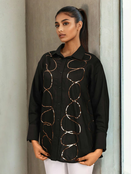 Women’s Black Embroidered Viscose Crop Shirt