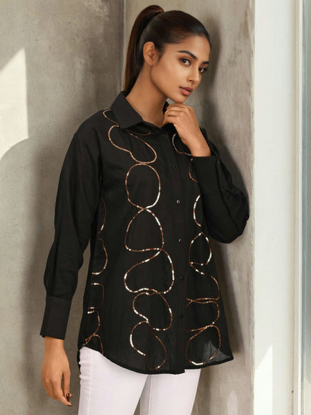 Women’s Black Embroidered Viscose Crop Shirt