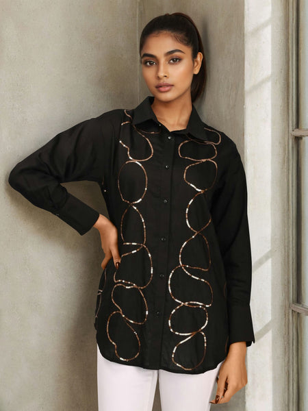 Women’s Black Embroidered Viscose Crop Shirt