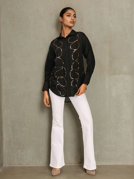 Women’s Black Embroidered Viscose Crop Shirt