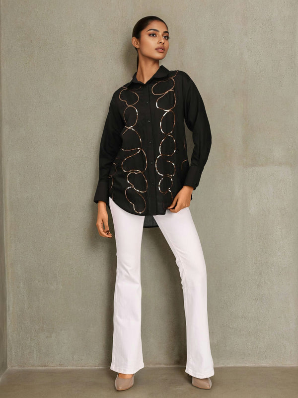 Women’s Black Embroidered Viscose Crop Shirt