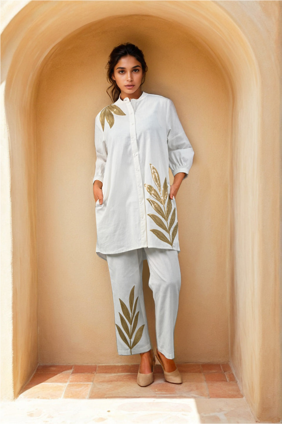 Golden Sequined Work White Co-ord Set Work