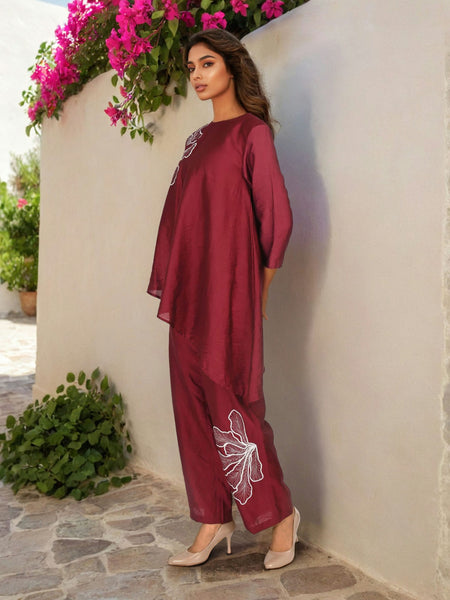 Red Embroidered Viscose Kaftan Co-ord Set with Round Neck