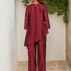 Red Embroidered Viscose Kaftan Co-ord Set with Round Neck
