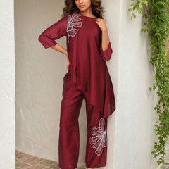 Red Embroidered Viscose Kaftan Co-ord Set with Round Neck