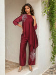 Red Embroidered Viscose Kaftan Co-ord Set with Round Neck