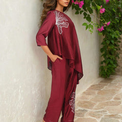 Red Embroidered Viscose Kaftan Co-ord Set with Round Neck