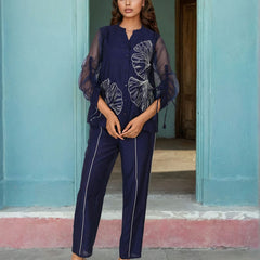 Designer Navy Blue Embroidered Co-Ord Set