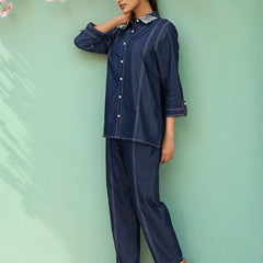 Viscose Navy Blue Embroidered Co Ord Set