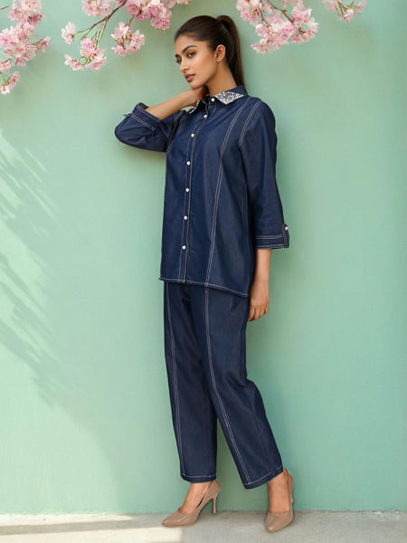 Viscose Navy Blue Embroidered Co Ord Set