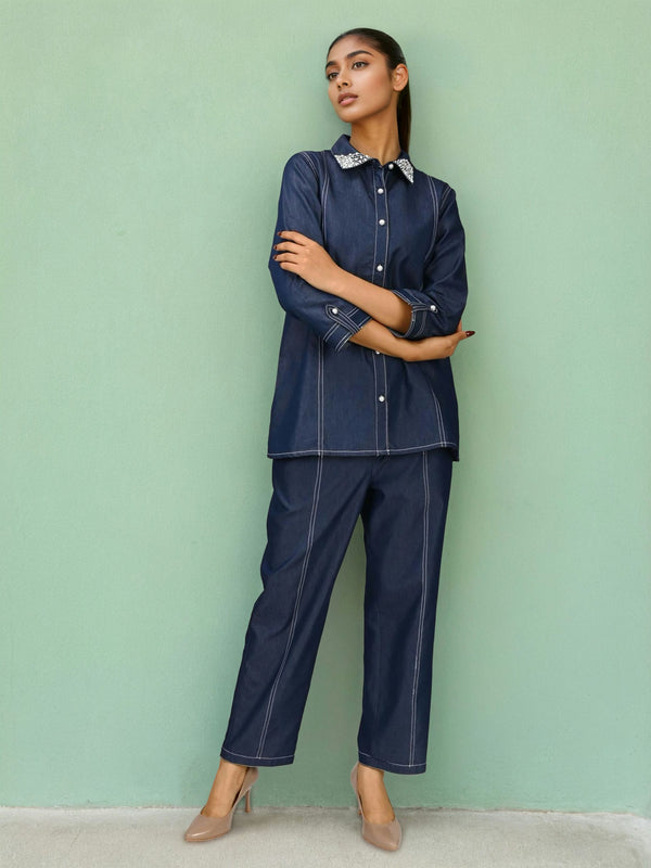 Viscose Navy Blue Embroidered Co Ord Set