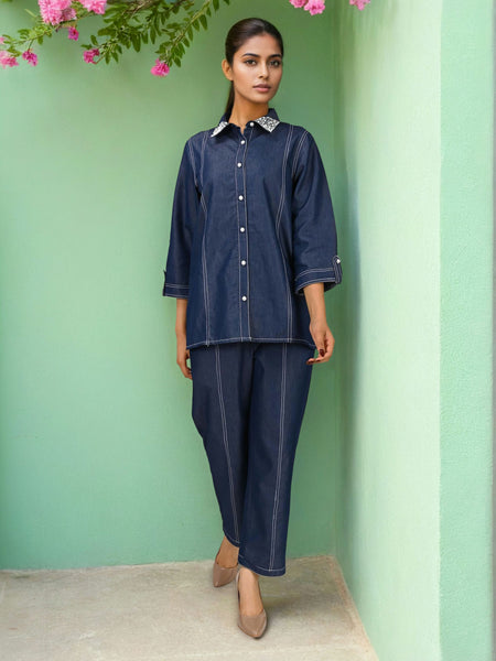 Viscose Navy Blue Embroidered Co Ord Set