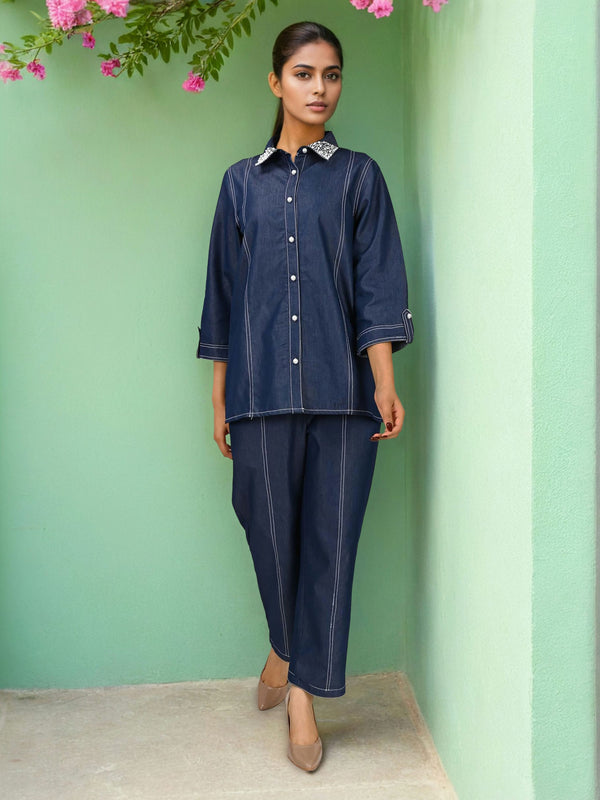 Viscose Navy Blue Embroidered Co Ord Set