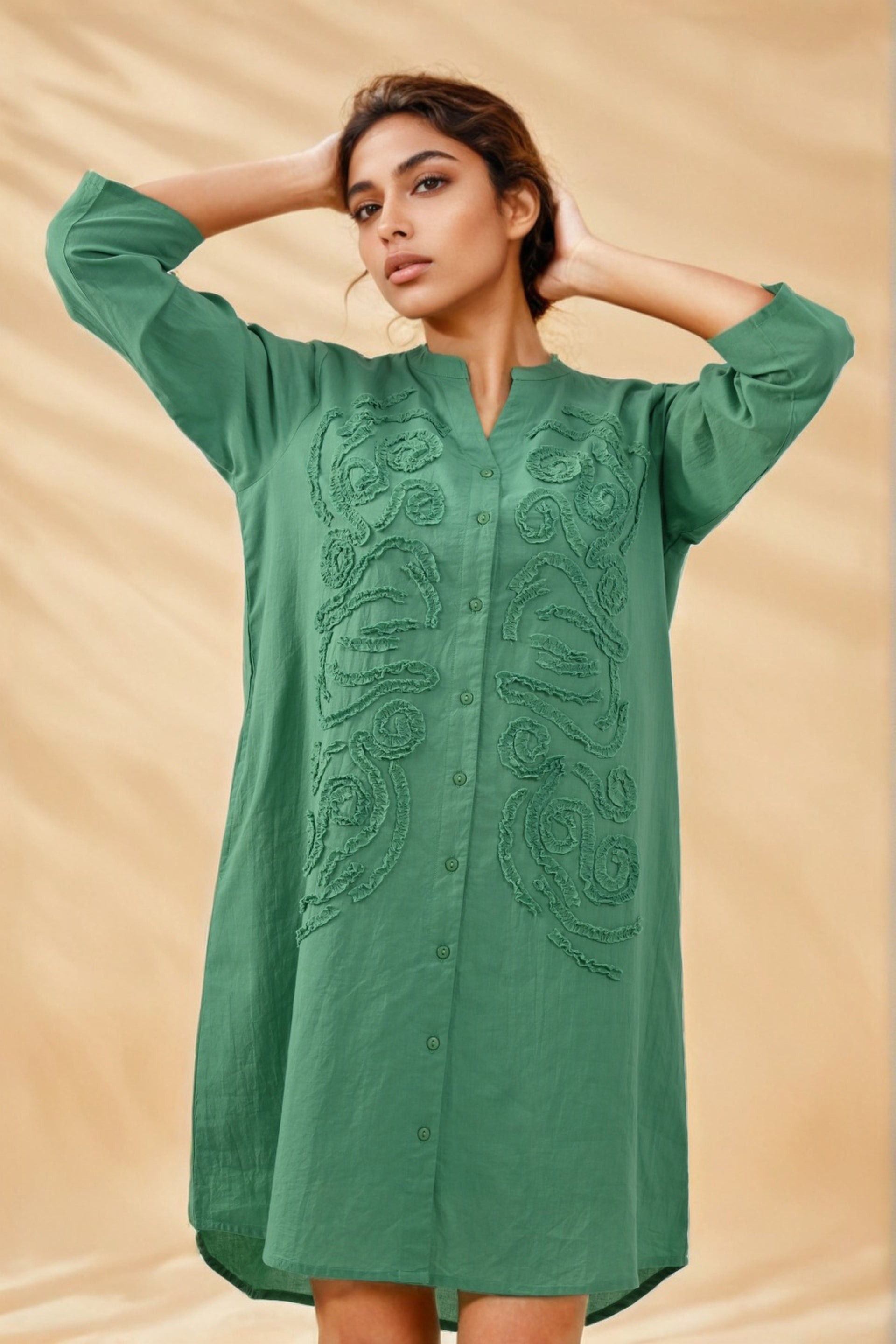 Chic Green Embroidered Cotton Mini Dress