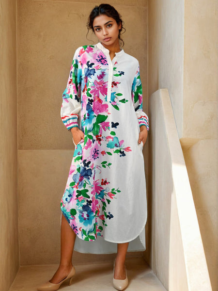 White Colorfull Print Kurta Dress