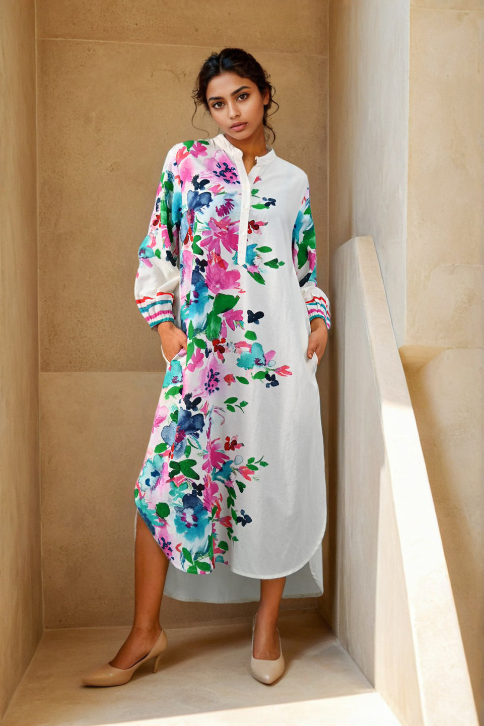 White Colorfull Print Kurta Dress