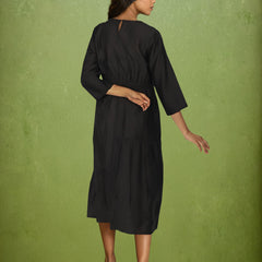 Black Embroidered Viscose Midi Dress with Round Neck