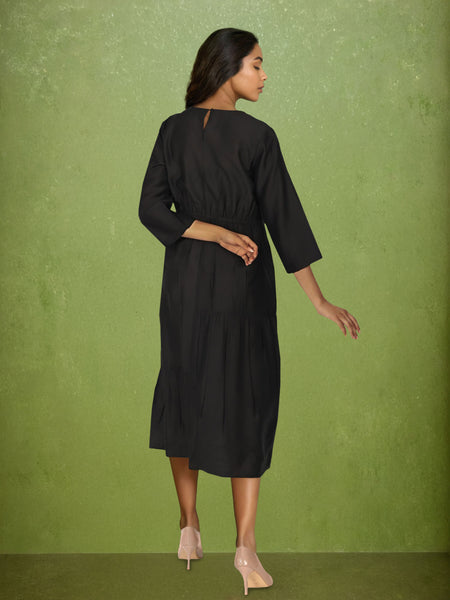 Black Embroidered Viscose Midi Dress with Round Neck