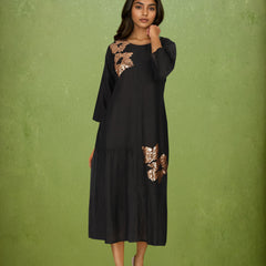 Black Embroidered Viscose Midi Dress with Round Neck
