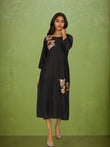Black Embroidered Viscose Midi Dress with Round Neck
