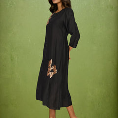 Black Embroidered Viscose Midi Dress with Round Neck