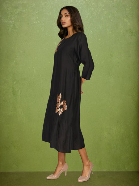 Black Embroidered Viscose Midi Dress with Round Neck