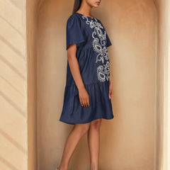 Denim Blue Embroidered Mini Dress
