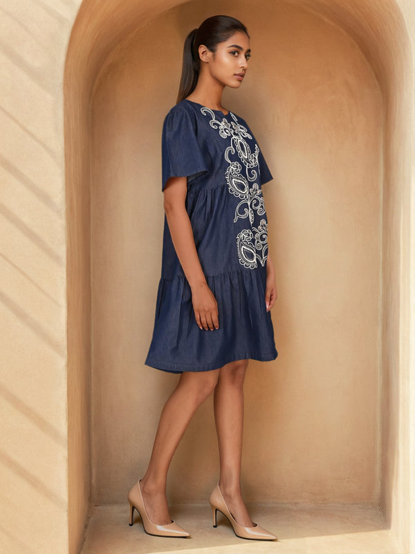 Denim Blue Embroidered Mini Dress