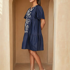 Denim Blue Embroidered Mini Dress