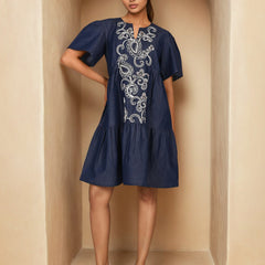 Denim Blue Embroidered Mini Dress