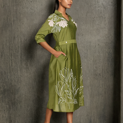 Graceful Green Botanical Embroidered Dress with 3/4th Sleeves