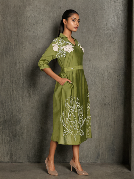 Graceful Green Botanical Embroidered Dress with 3/4th Sleeves