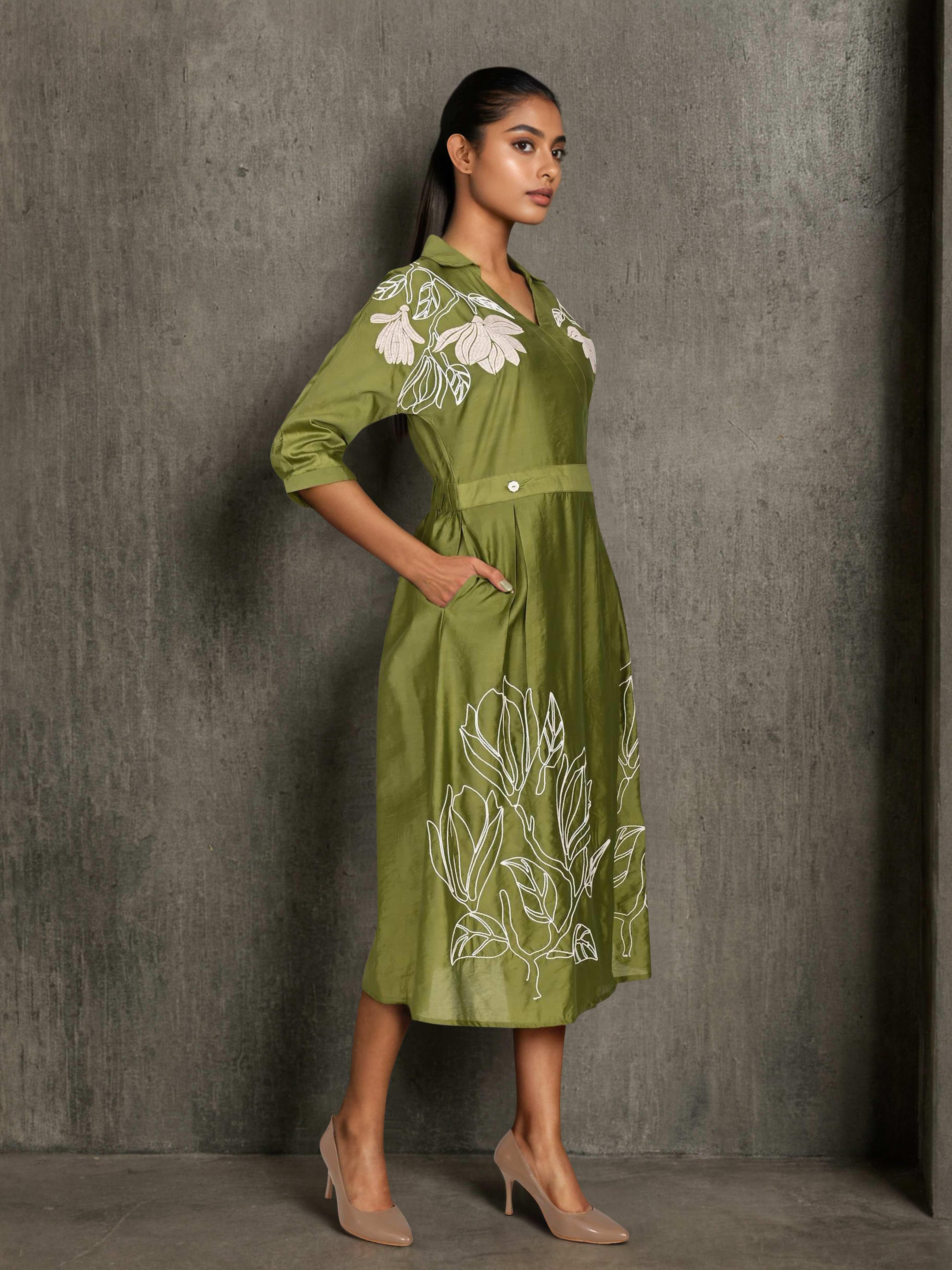 Graceful Green Botanical Embroidered Dress with 3/4th Sleeves