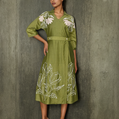 Graceful Green Botanical Embroidered Dress with 3/4th Sleeves