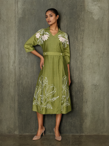 Graceful Green Botanical Embroidered Dress with 3/4th Sleeves