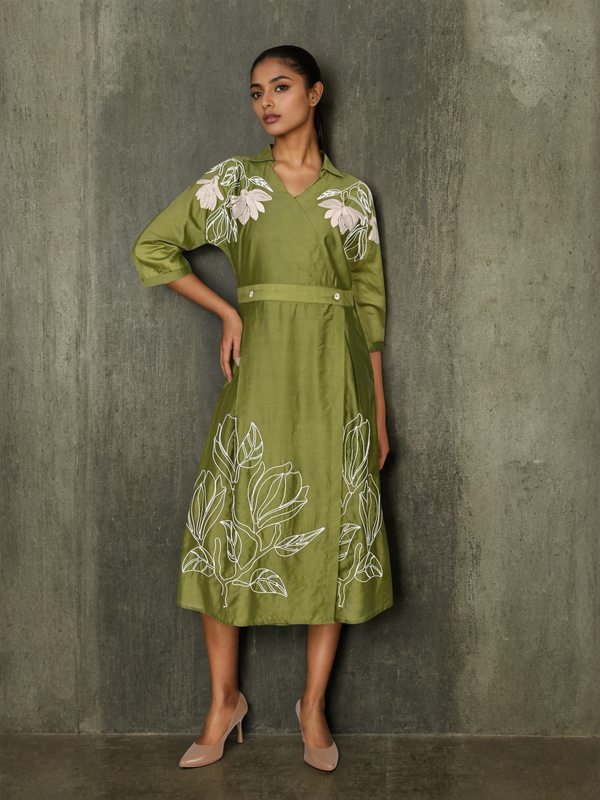 Graceful Green Botanical Embroidered Dress with 3/4th Sleeves