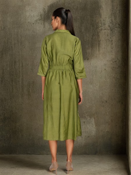 Graceful Green Botanical Embroidered Dress with 3/4th Sleeves