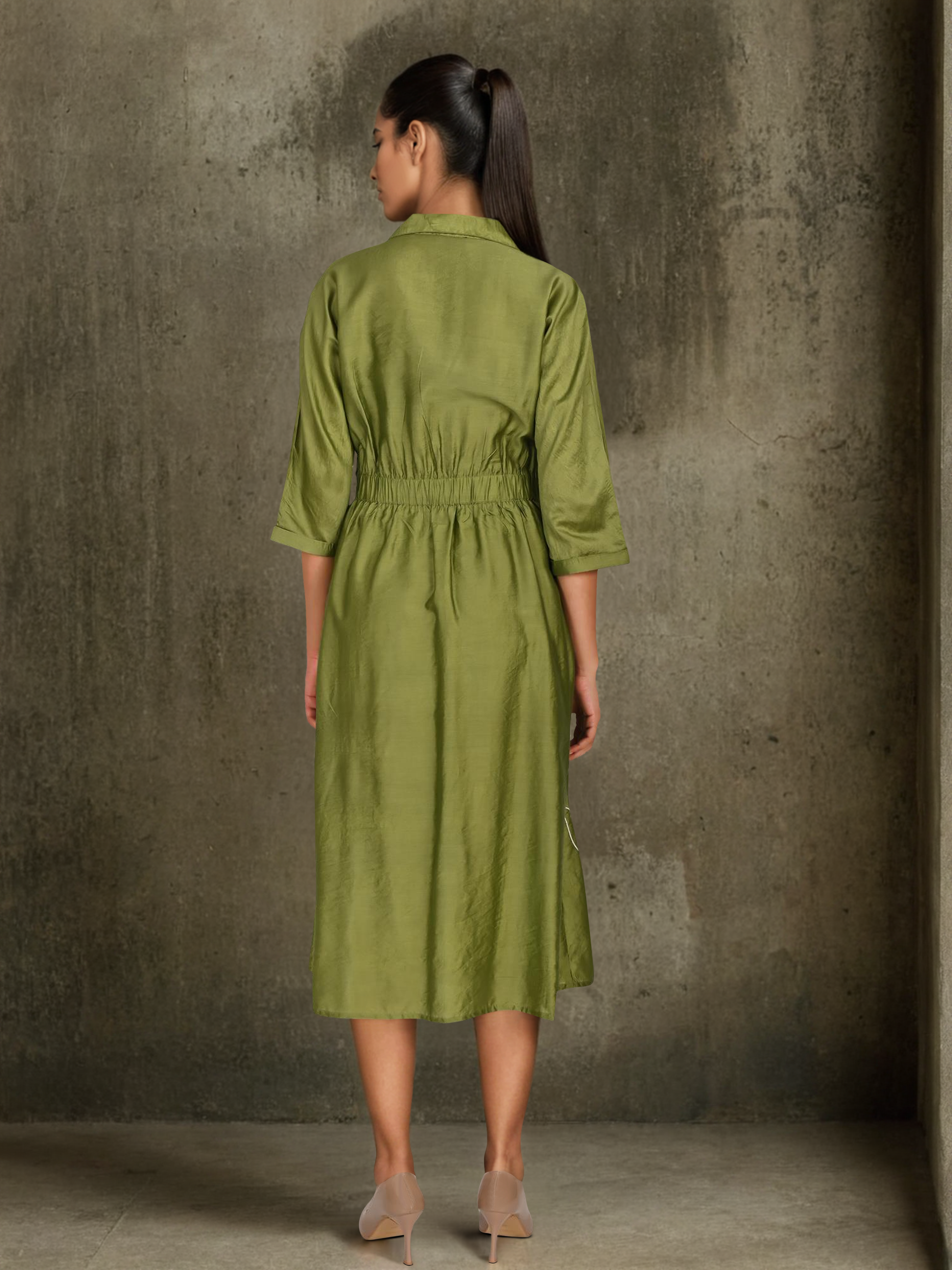 Graceful Green Botanical Embroidered Dress with 3/4th Sleeves