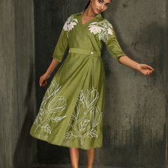 Graceful Green Botanical Embroidered Dress with 3/4th Sleeves