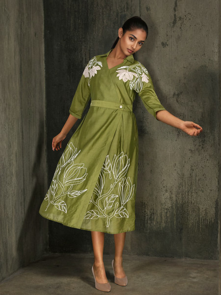 Graceful Green Botanical Embroidered Dress with 3/4th Sleeves