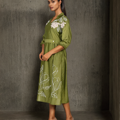 Graceful Green Botanical Embroidered Dress with 3/4th Sleeves