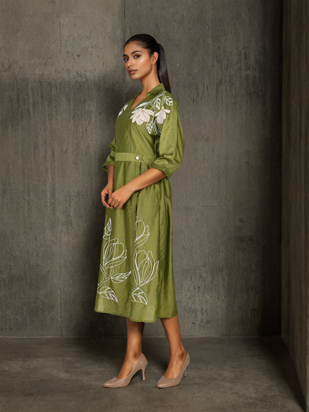 Graceful Green Botanical Embroidered Dress with 3/4th Sleeves