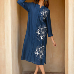 Navy Blue Embroidered Viscose Midi Dress