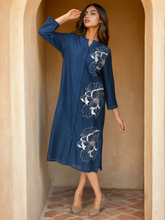 Navy Blue Embroidered Viscose Midi Dress