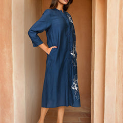 Navy Blue Embroidered Viscose Midi Dress