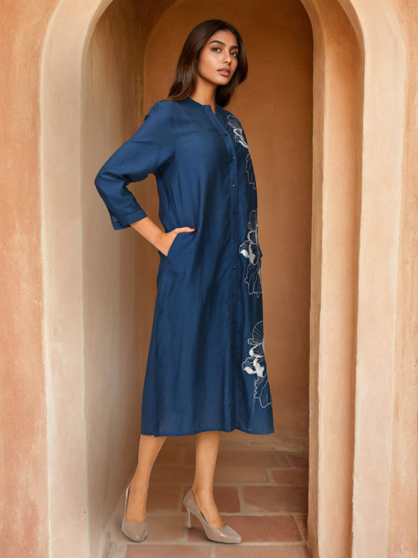 Navy Blue Embroidered Viscose Midi Dress